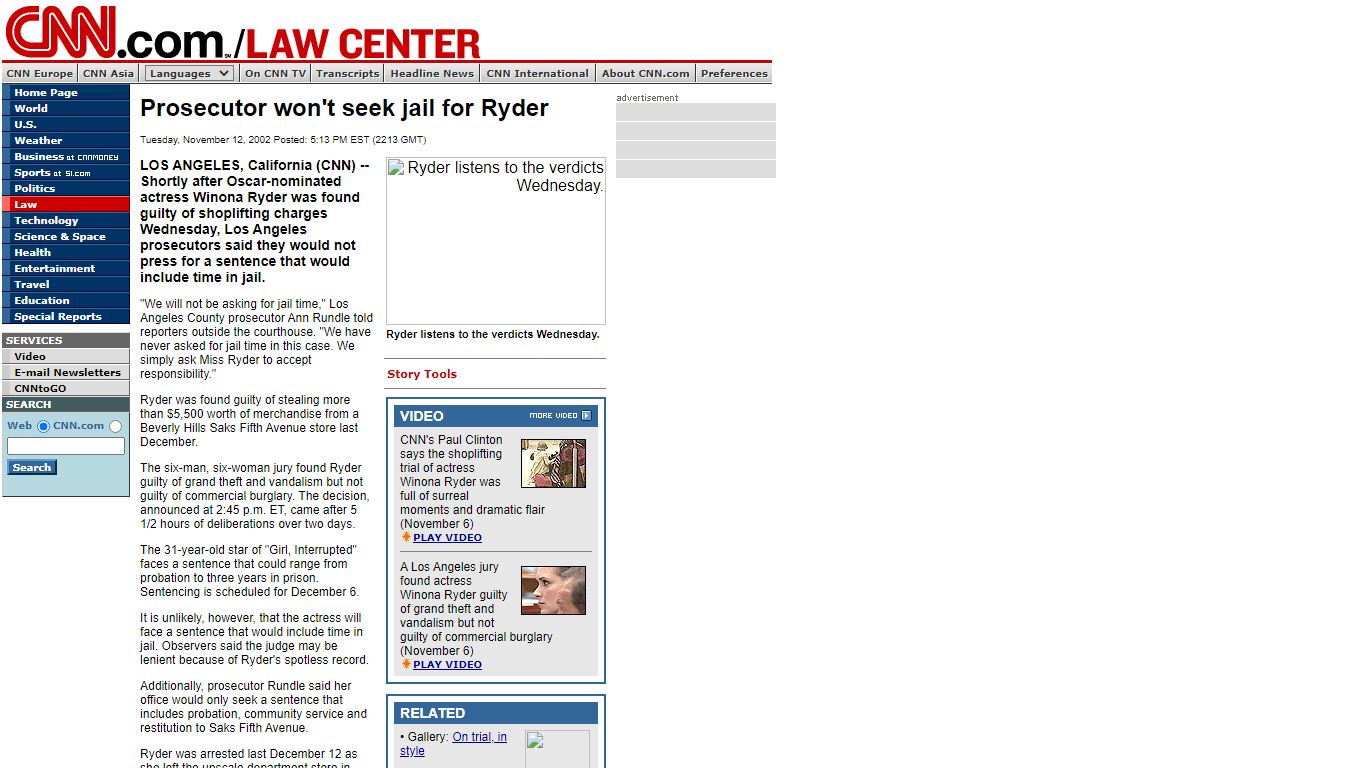 CNN.com - Prosecutor won't seek jail for Ryder - Nov. 12, 2002