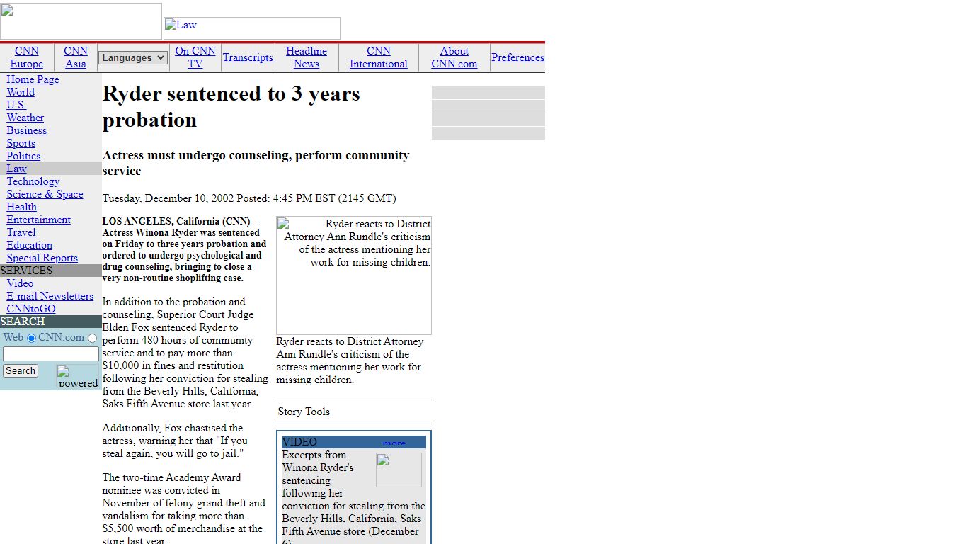 CNN.com - Ryder sentenced to 3 years probation - Dec. 10, 2002